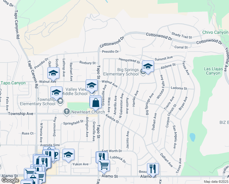 map of restaurants, bars, coffee shops, grocery stores, and more near 3334 Waco Avenue in Simi Valley