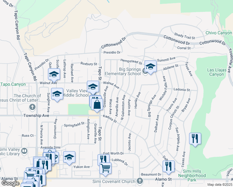 map of restaurants, bars, coffee shops, grocery stores, and more near 3335 Amarillo Avenue in Simi Valley
