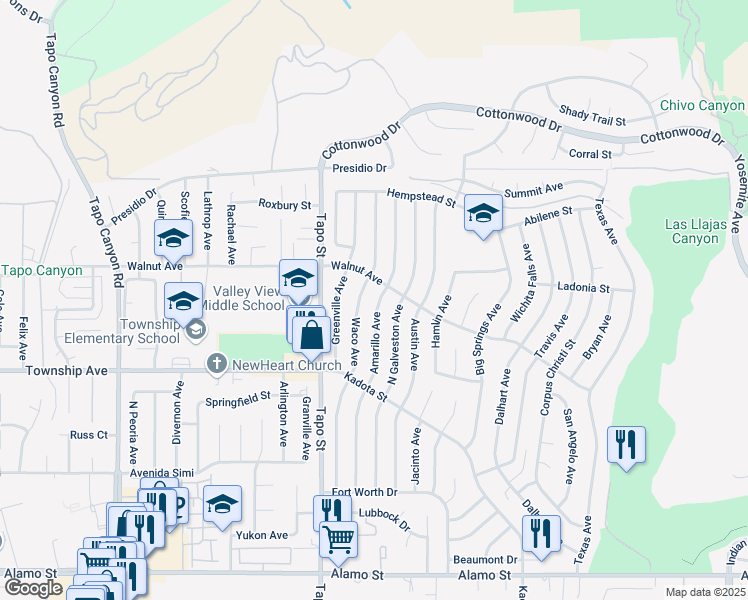map of restaurants, bars, coffee shops, grocery stores, and more near 3335 Amarillo Avenue in Simi Valley