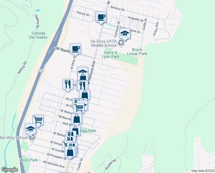 map of restaurants, bars, coffee shops, grocery stores, and more near 183 Leighton Drive in Ventura