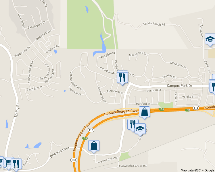 map of restaurants, bars, coffee shops, grocery stores, and more near 14466 East Rutger Circle in Moorpark