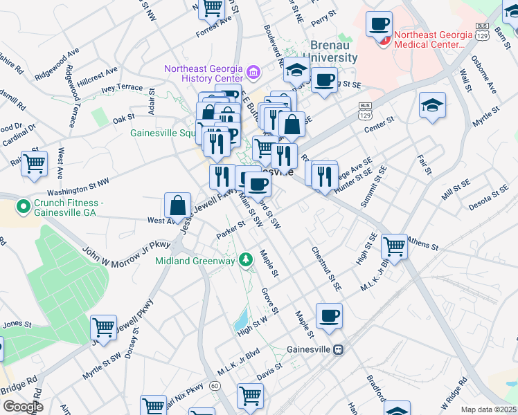 map of restaurants, bars, coffee shops, grocery stores, and more near 528 Bradford Street Southwest in Gainesville