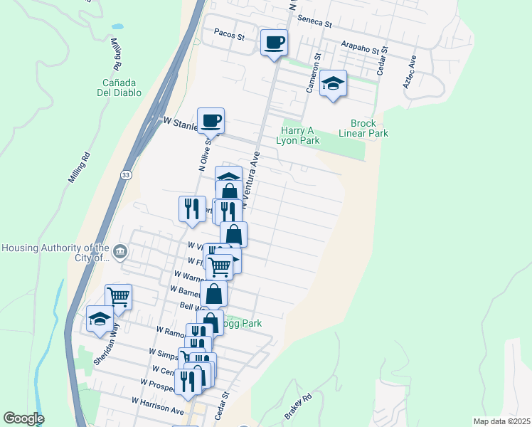map of restaurants, bars, coffee shops, grocery stores, and more near 96 Leighton Drive in Ventura