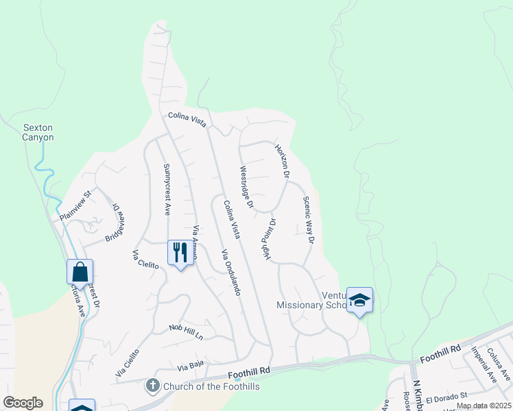 map of restaurants, bars, coffee shops, grocery stores, and more near 1018 Westridge Drive in Ventura