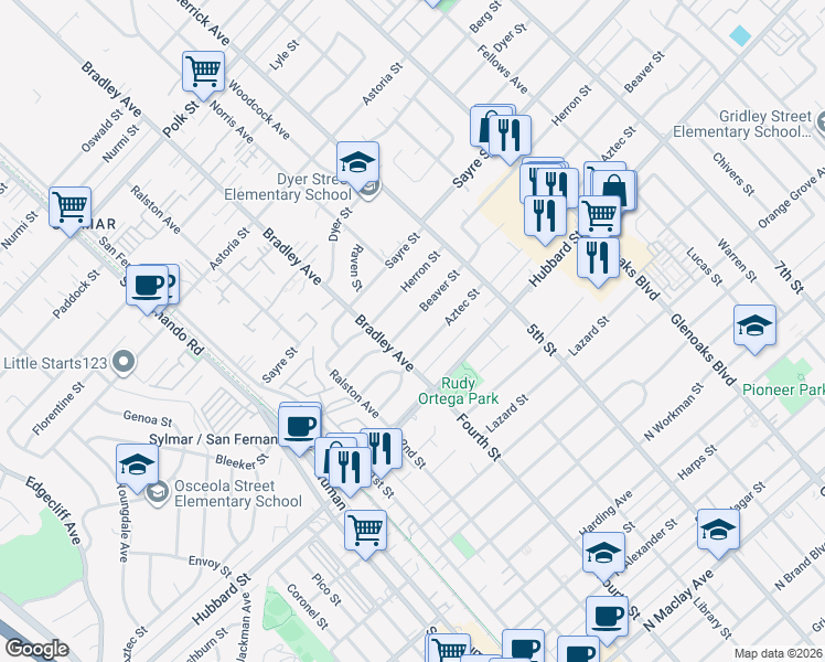 map of restaurants, bars, coffee shops, grocery stores, and more near 14360 Beaver Street in Los Angeles