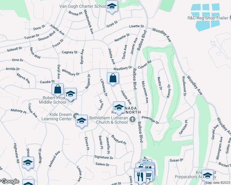 map of restaurants, bars, coffee shops, grocery stores, and more near 12400 El Oro Way in Los Angeles
