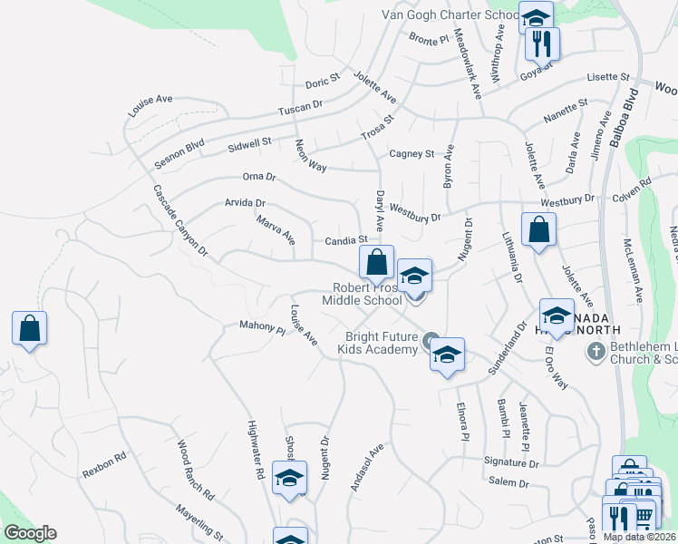 map of restaurants, bars, coffee shops, grocery stores, and more near 12441 Bradford Place in Los Angeles