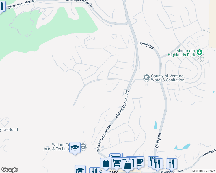 map of restaurants, bars, coffee shops, grocery stores, and more near 6521 High Country Place in Moorpark