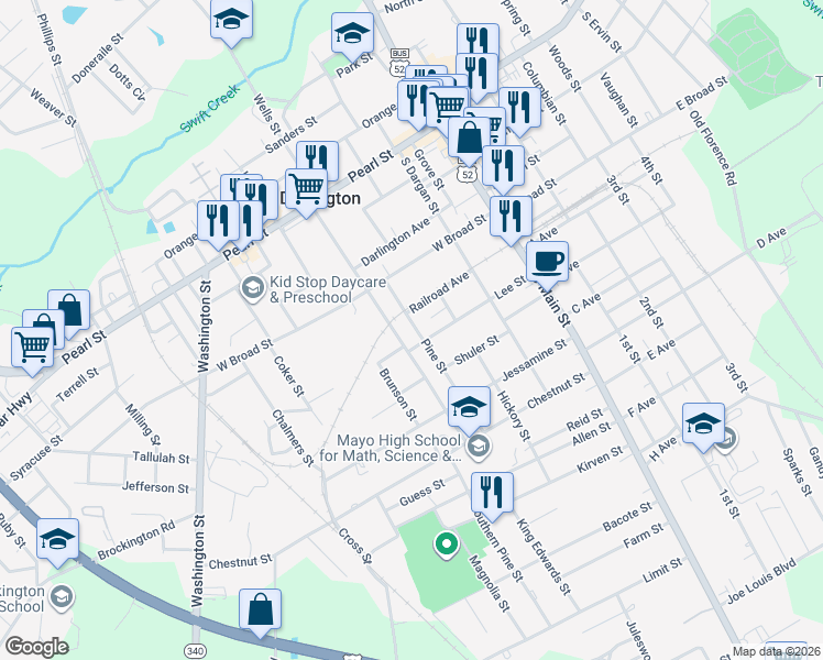 map of restaurants, bars, coffee shops, grocery stores, and more near 206 Pine Street in Darlington