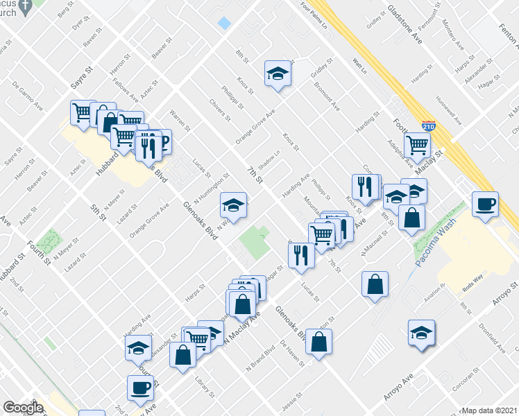 map of restaurants, bars, coffee shops, grocery stores, and more near 925 Harding Avenue in San Fernando