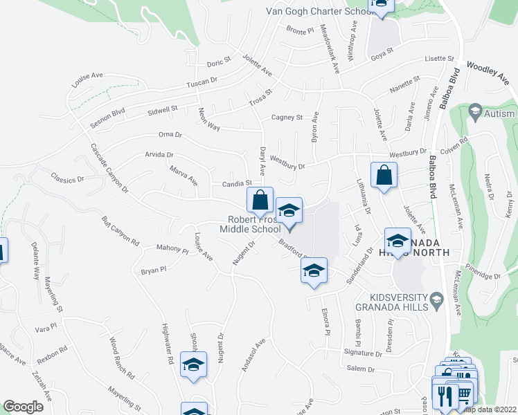 map of restaurants, bars, coffee shops, grocery stores, and more near 12419 Daryl Avenue in Los Angeles