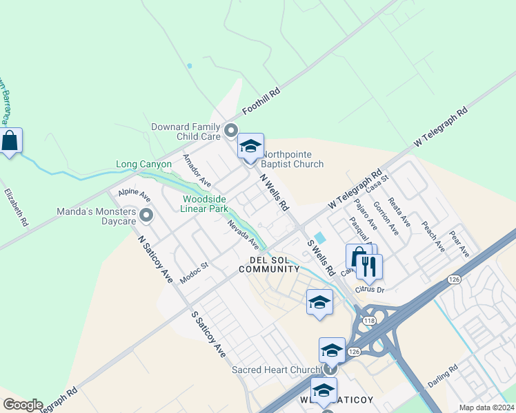 map of restaurants, bars, coffee shops, grocery stores, and more near 13 Del Norte Street in Ventura