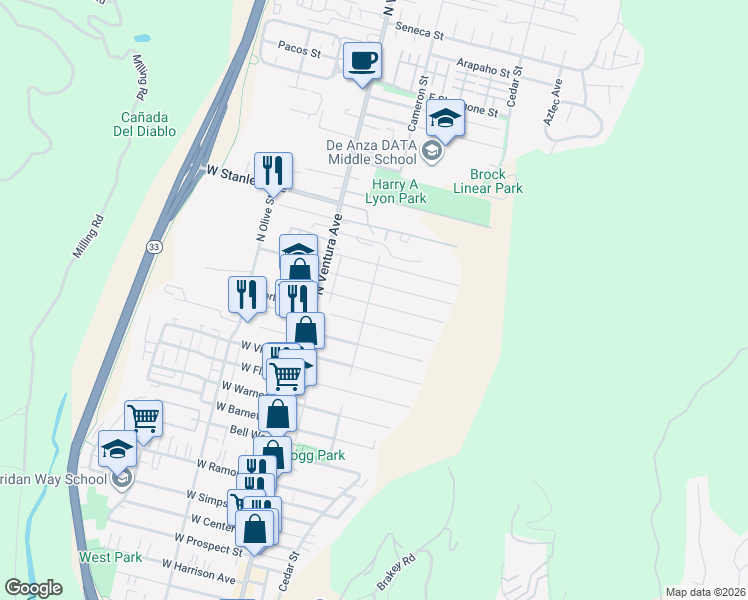 map of restaurants, bars, coffee shops, grocery stores, and more near 183 Leighton Drive in Ventura