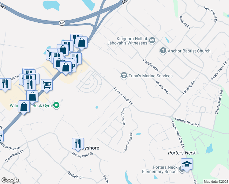 map of restaurants, bars, coffee shops, grocery stores, and more near 8224 Lantana Lane in Wilmington