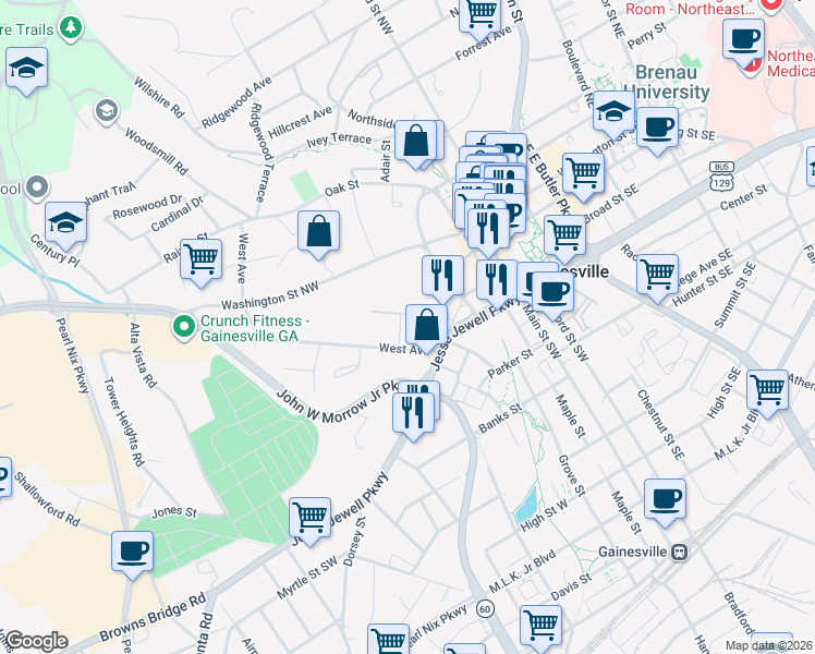 map of restaurants, bars, coffee shops, grocery stores, and more near 313 Rosecliff Terrace in Gainesville