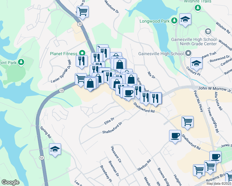 map of restaurants, bars, coffee shops, grocery stores, and more near 679 Dawsonville Highway in Gainesville