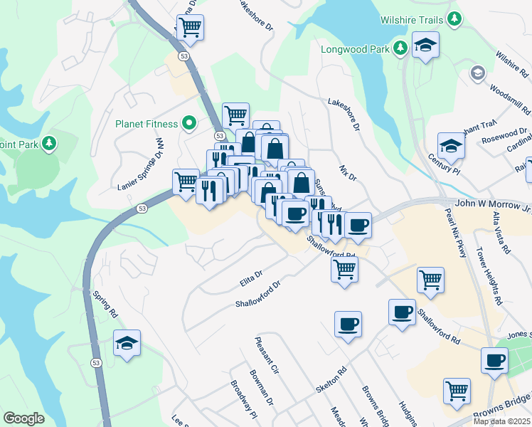 map of restaurants, bars, coffee shops, grocery stores, and more near 679 Dawsonville Highway in Gainesville