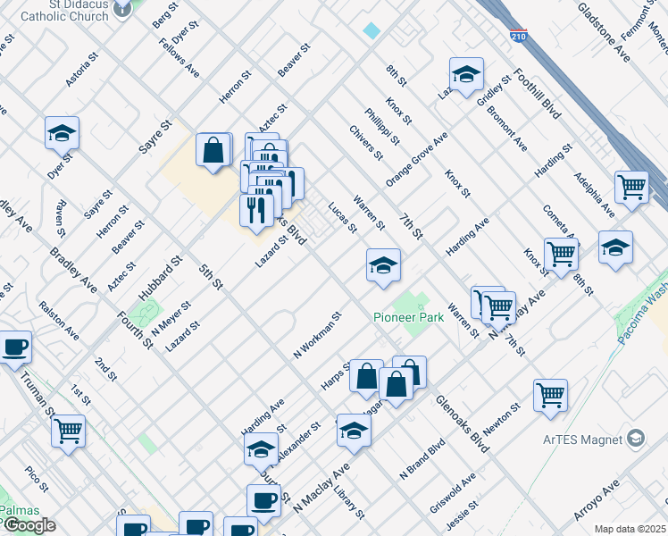 map of restaurants, bars, coffee shops, grocery stores, and more near 1725 Glenoaks Boulevard in San Fernando