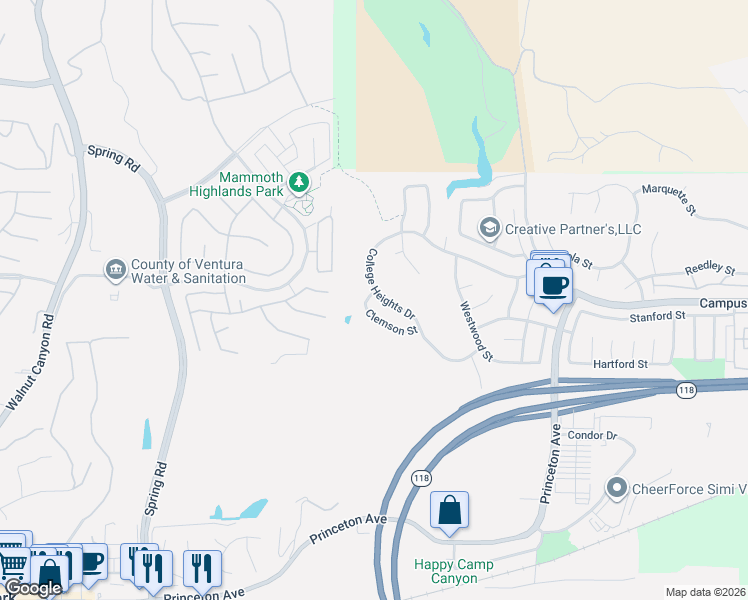 map of restaurants, bars, coffee shops, grocery stores, and more near 14207 Clemson Street in Moorpark