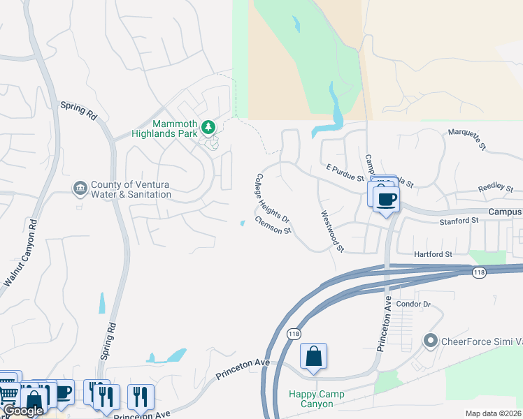 map of restaurants, bars, coffee shops, grocery stores, and more near 14207 Clemson Street in Moorpark