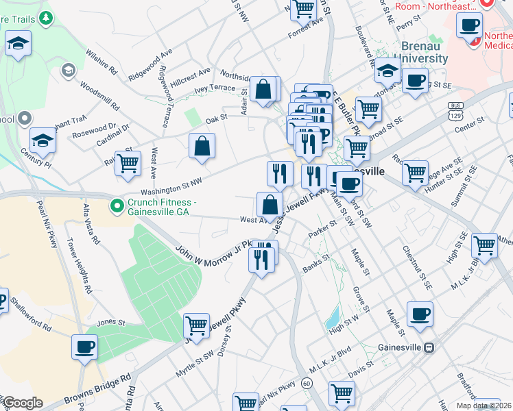 map of restaurants, bars, coffee shops, grocery stores, and more near 313 Rosecliff Terrace in Gainesville