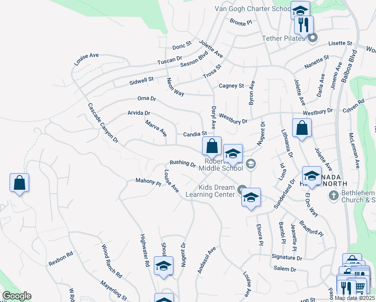map of restaurants, bars, coffee shops, grocery stores, and more near 12457 Bradford Place in Los Angeles