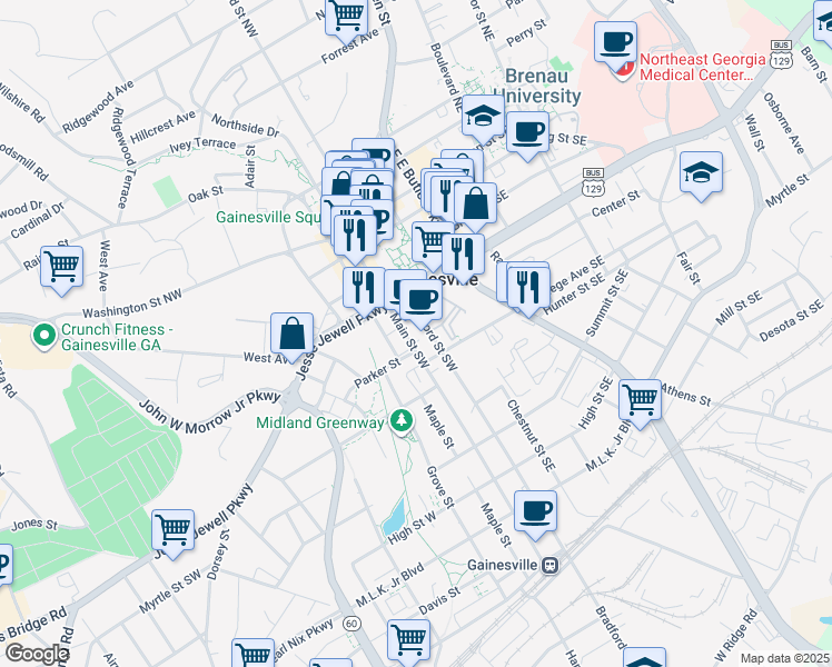 map of restaurants, bars, coffee shops, grocery stores, and more near 528 Bradford Street Southwest in Gainesville