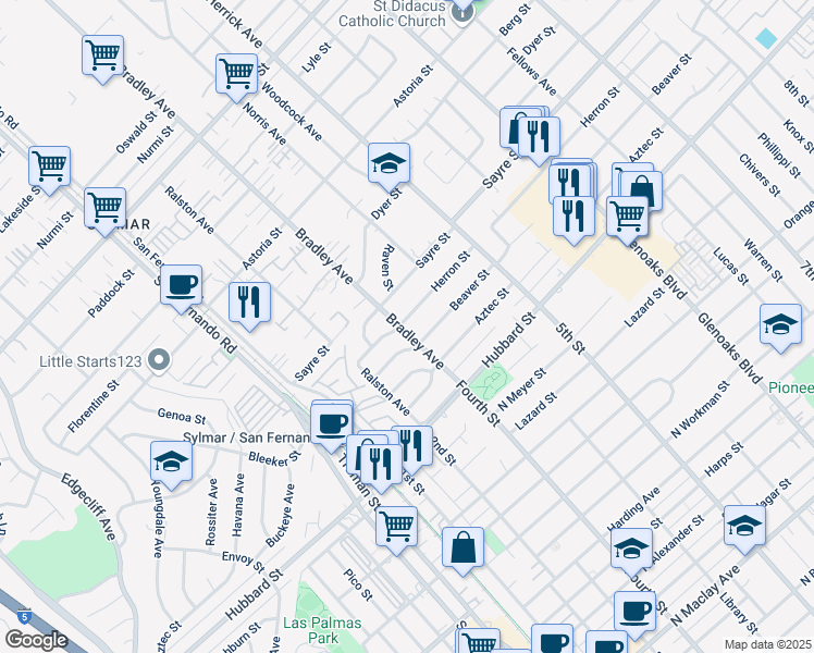 map of restaurants, bars, coffee shops, grocery stores, and more near 14434 Herron Street in Los Angeles