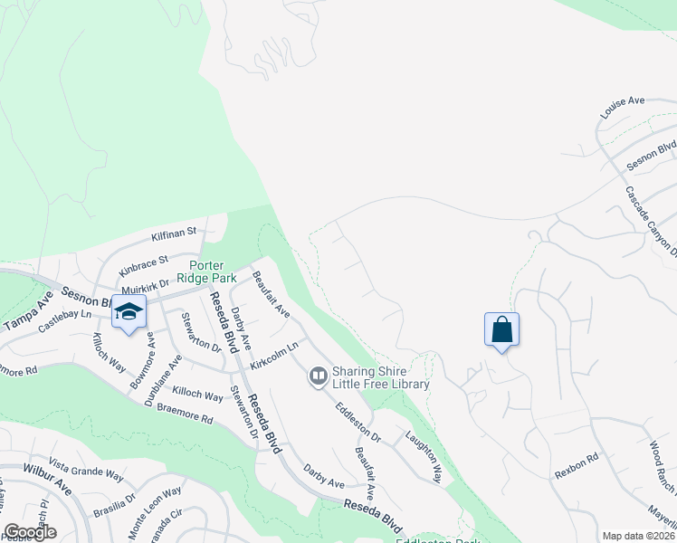 map of restaurants, bars, coffee shops, grocery stores, and more near 18575 Clydesdale Road in Los Angeles