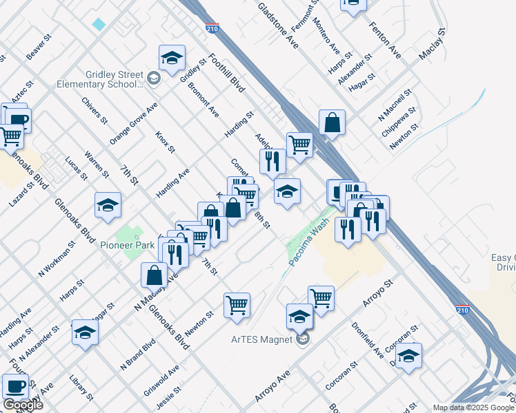 map of restaurants, bars, coffee shops, grocery stores, and more near 1200 North Maclay Avenue in San Fernando