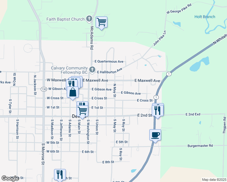 map of restaurants, bars, coffee shops, grocery stores, and more near 119 North May Street in DeWitt