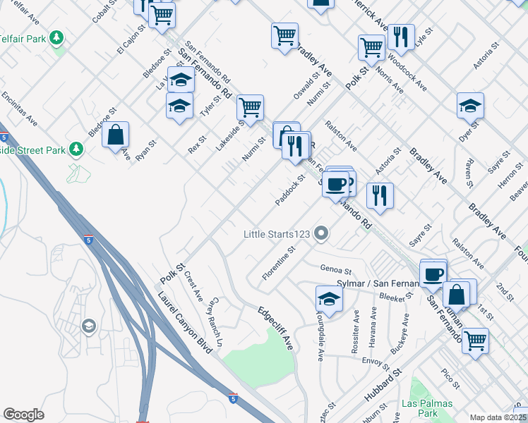 map of restaurants, bars, coffee shops, grocery stores, and more near 15073 Paddock Street in Los Angeles