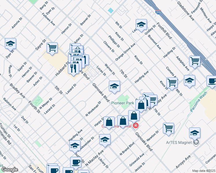 map of restaurants, bars, coffee shops, grocery stores, and more near 829 Fermoore Street in San Fernando