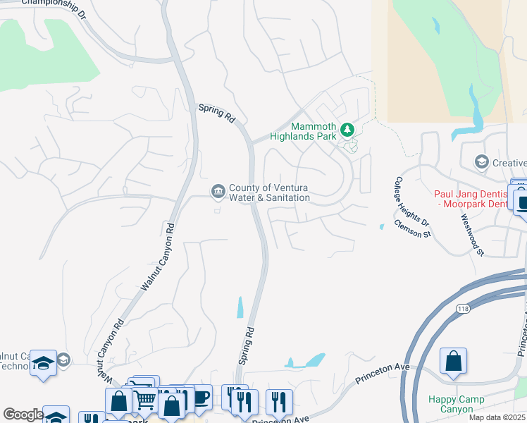 map of restaurants, bars, coffee shops, grocery stores, and more near 6675 Pinnacle Way in Moorpark