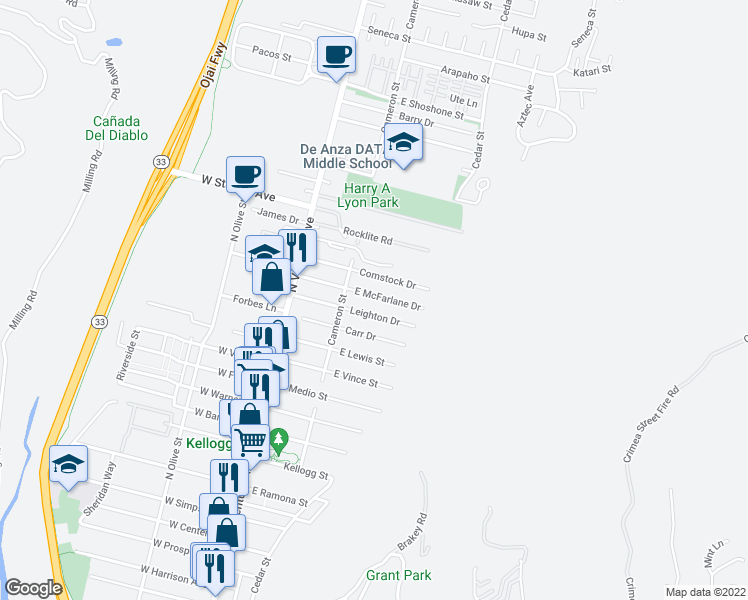 map of restaurants, bars, coffee shops, grocery stores, and more near 230 East McFarlane Drive in Ventura