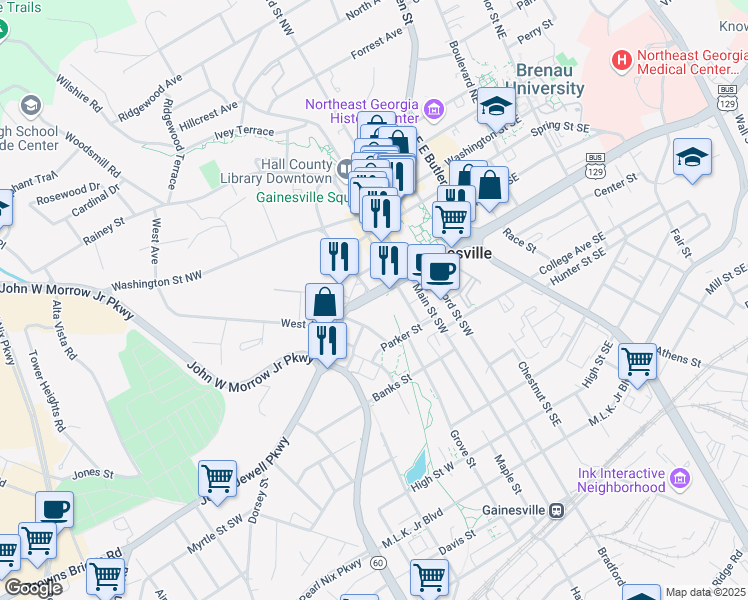 map of restaurants, bars, coffee shops, grocery stores, and more near 311 Georgia 60 in Gainesville
