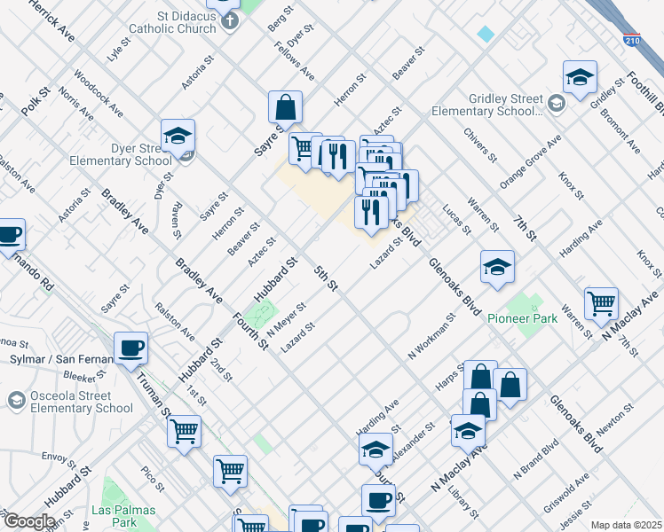map of restaurants, bars, coffee shops, grocery stores, and more near 613 North Meyer Street in San Fernando