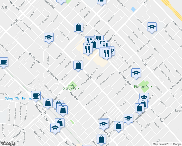 map of restaurants, bars, coffee shops, grocery stores, and more near 613 North Meyer Street in San Fernando