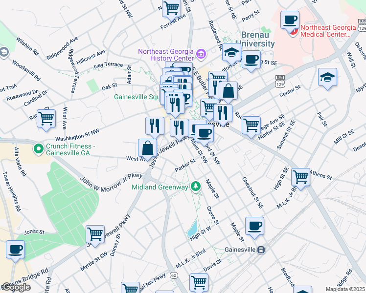map of restaurants, bars, coffee shops, grocery stores, and more near 402 Maple Street in Gainesville