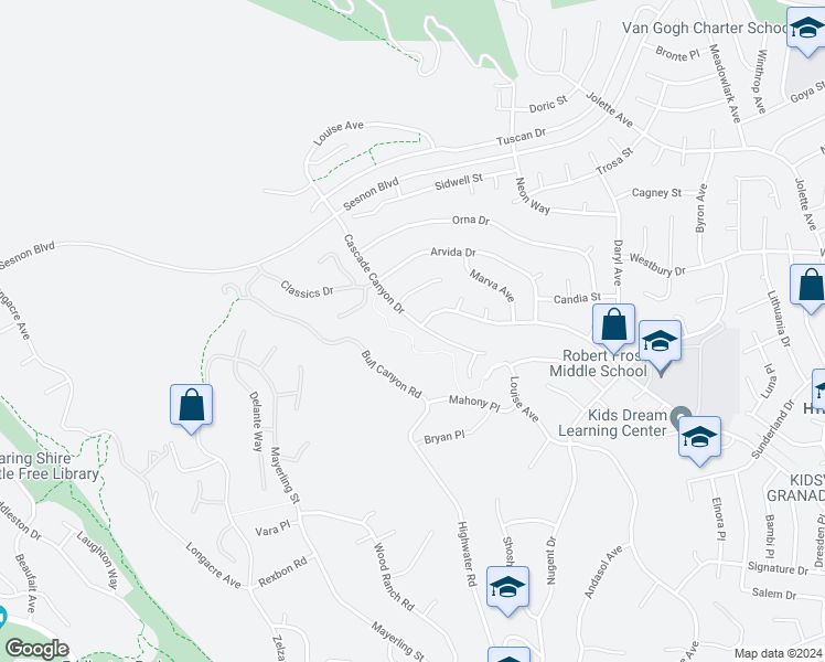 map of restaurants, bars, coffee shops, grocery stores, and more near 12505 Cascade Canyon Drive in Los Angeles