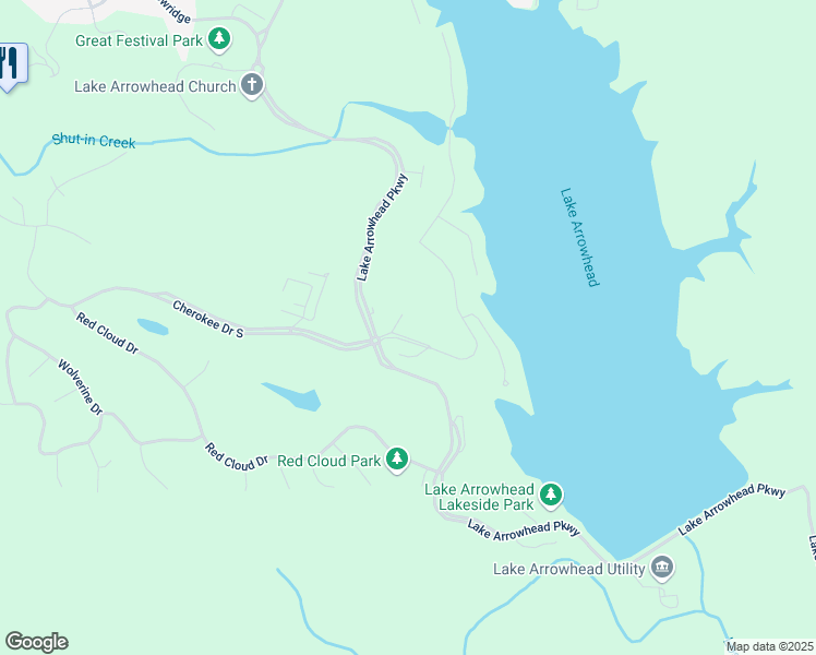 map of restaurants, bars, coffee shops, grocery stores, and more near 106 Lake Cottages Court in Waleska