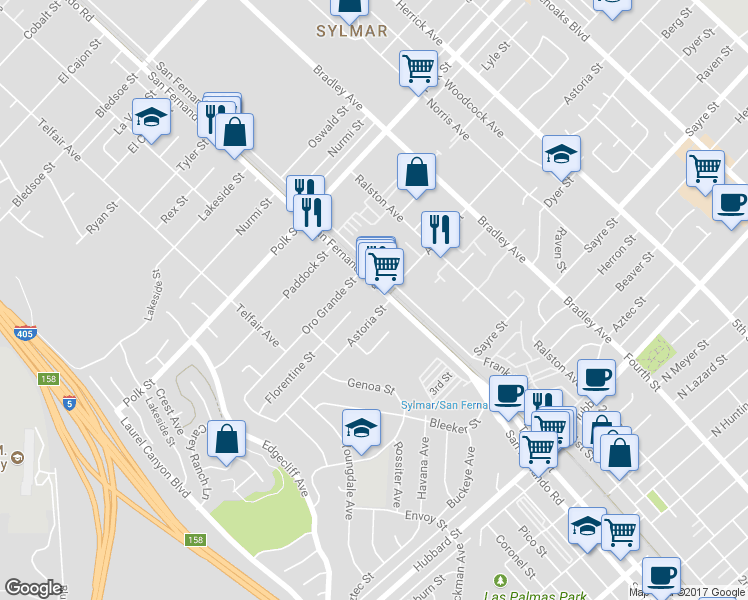 map of restaurants, bars, coffee shops, grocery stores, and more near 12431 San Fernando Rd in Sylmar
