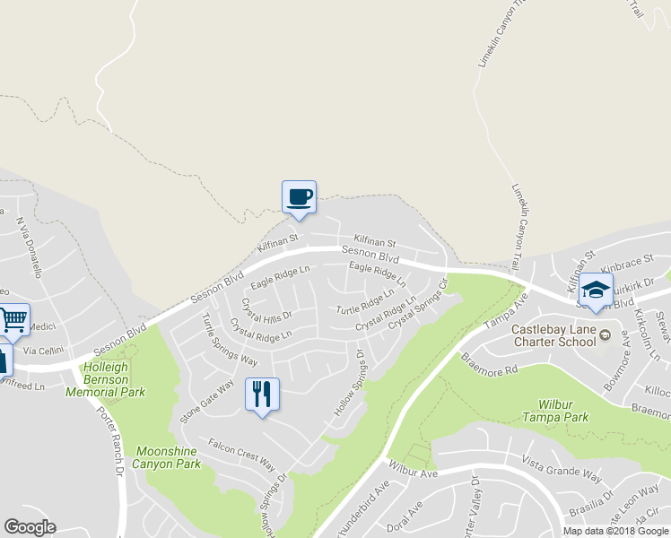 map of restaurants, bars, coffee shops, grocery stores, and more near 19560 Eagle Ridge Lane in Los Angeles