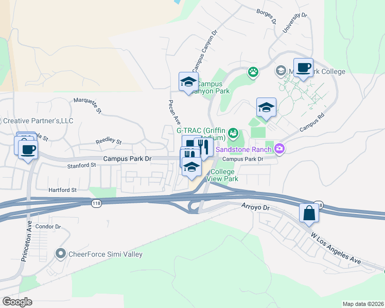 map of restaurants, bars, coffee shops, grocery stores, and more near 15290 Bambi Court in Moorpark