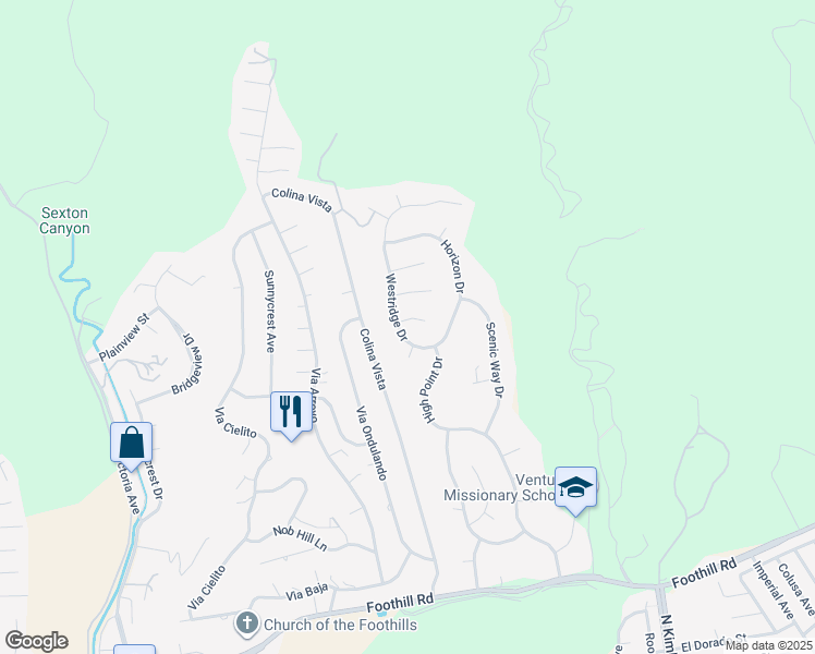 map of restaurants, bars, coffee shops, grocery stores, and more near 1018 Westridge Drive in Ventura