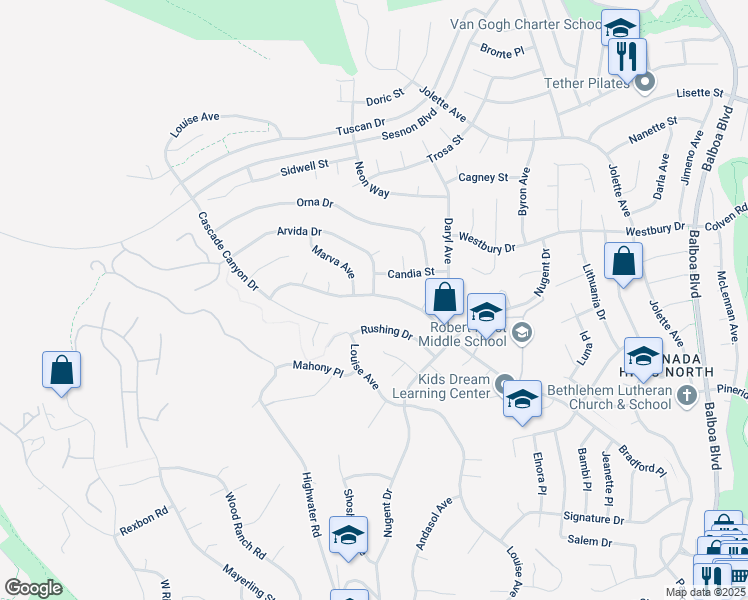 map of restaurants, bars, coffee shops, grocery stores, and more near 12489 Bradford Place in Los Angeles