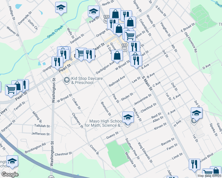 map of restaurants, bars, coffee shops, grocery stores, and more near 206 Pine Street in Darlington
