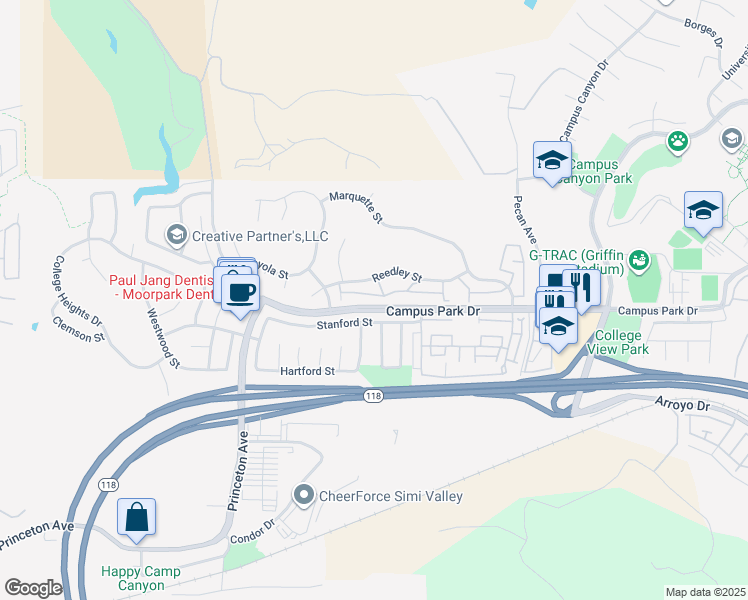 map of restaurants, bars, coffee shops, grocery stores, and more near 14875 Campus Park Drive in Moorpark