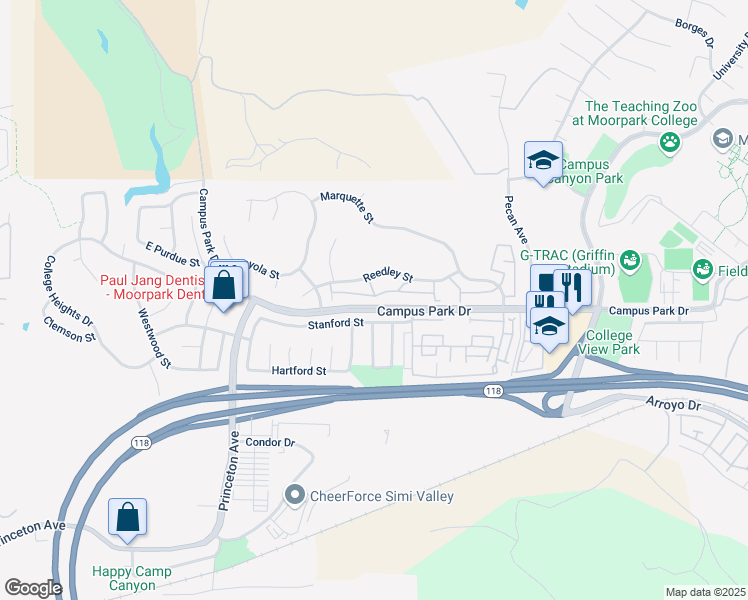 map of restaurants, bars, coffee shops, grocery stores, and more near 14885 Campus Park Drive in Moorpark