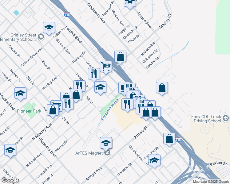 map of restaurants, bars, coffee shops, grocery stores, and more near 13174 North Brand Boulevard in San Fernando